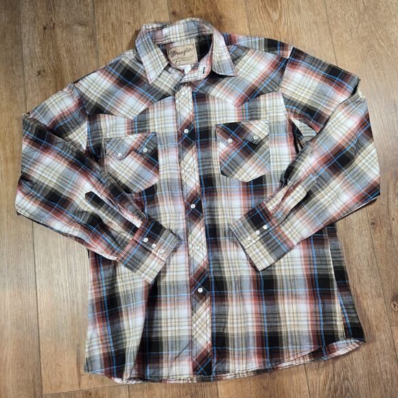 Wrangler Western Shirt Men’s L Sawtooth Pearl Snap Foil Print WM884BR Cowboy Rod - Picture 1 of 6